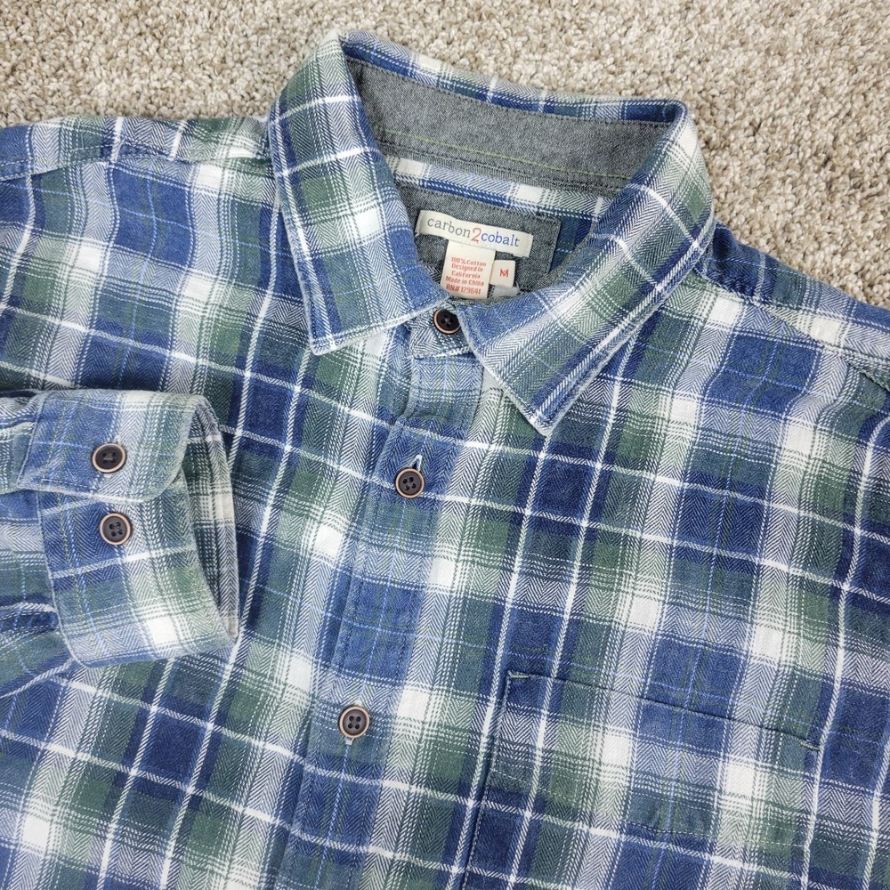 Carbon 2 Cobalt Mens Medium Blue Green White Plaid Button Up Long Sleeve Flannel